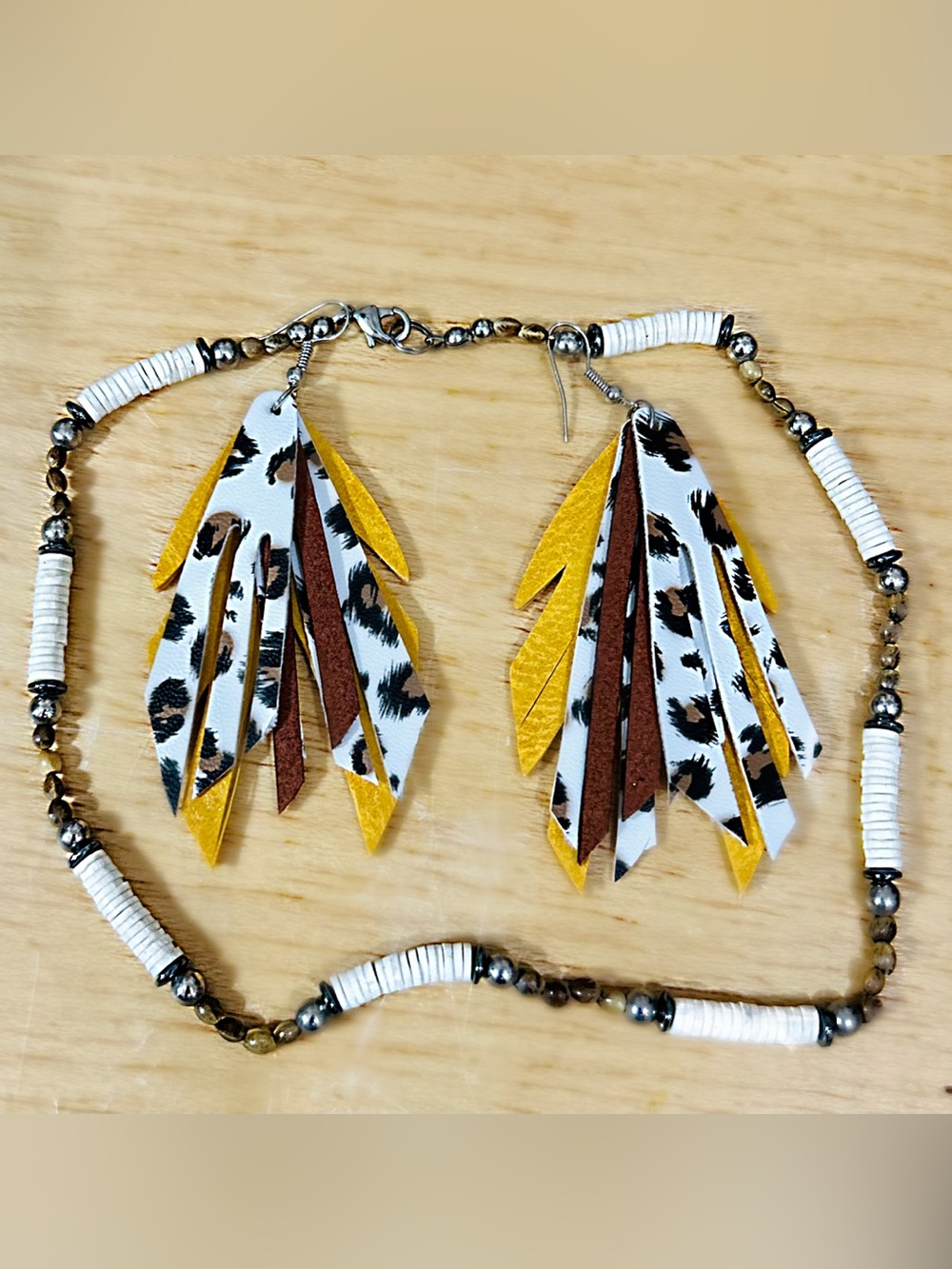 Leather Fringe Leopard Drop Earrings - With Necklace